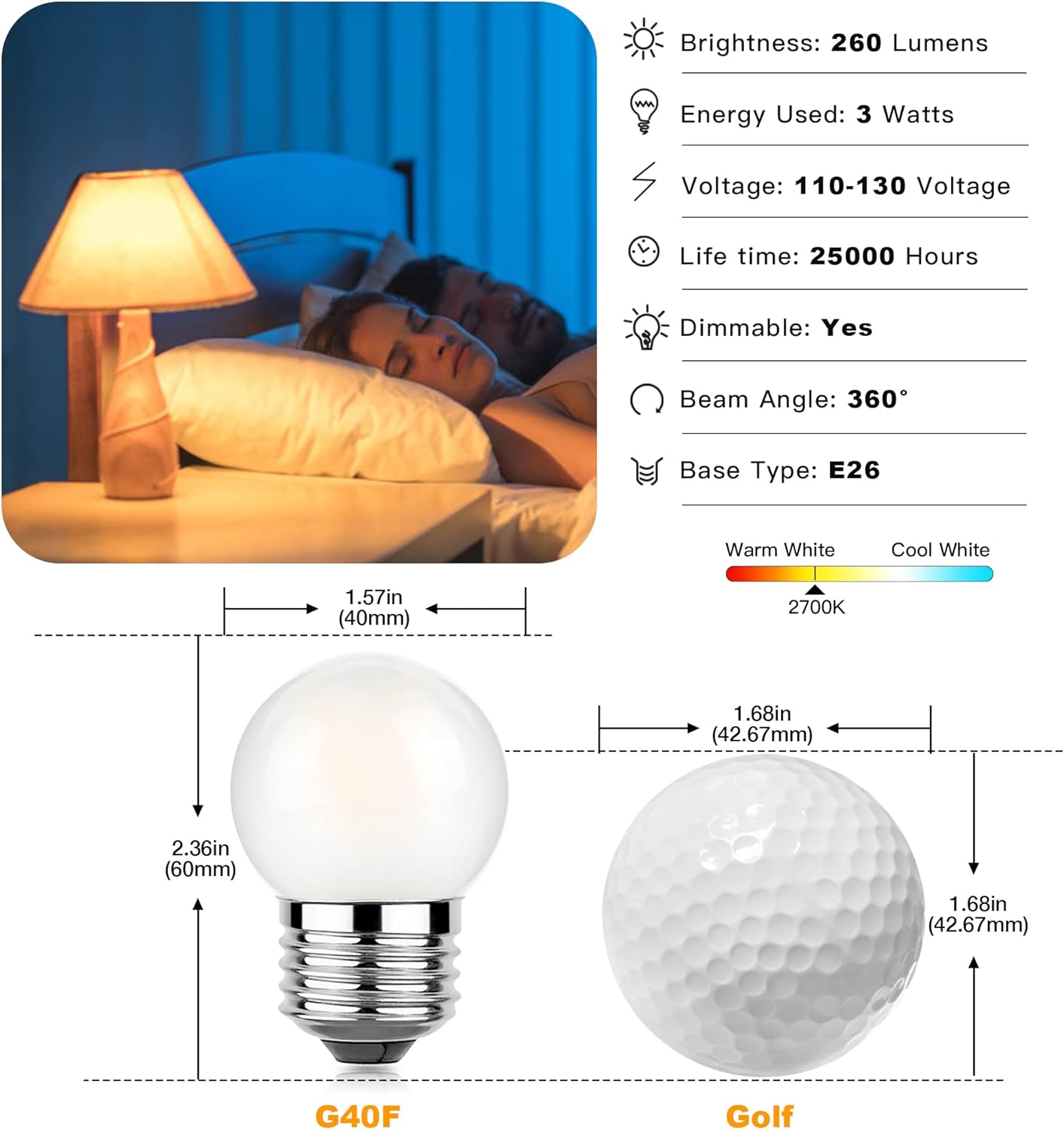 Sphoon Bombilla LED G40 de baja potencia equivalente a 3 W, 25 W, potencia pequeña estándar E26, esmerilado, blanco cálido 2700 K, regulable para