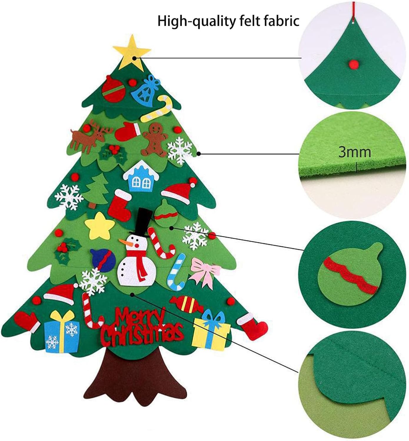 Juego de árbol de Navidad de fieltro para bricolaje, 32 piezas de adornos para colgar en la pared con luz LED, se puede reutilizar el árbol de