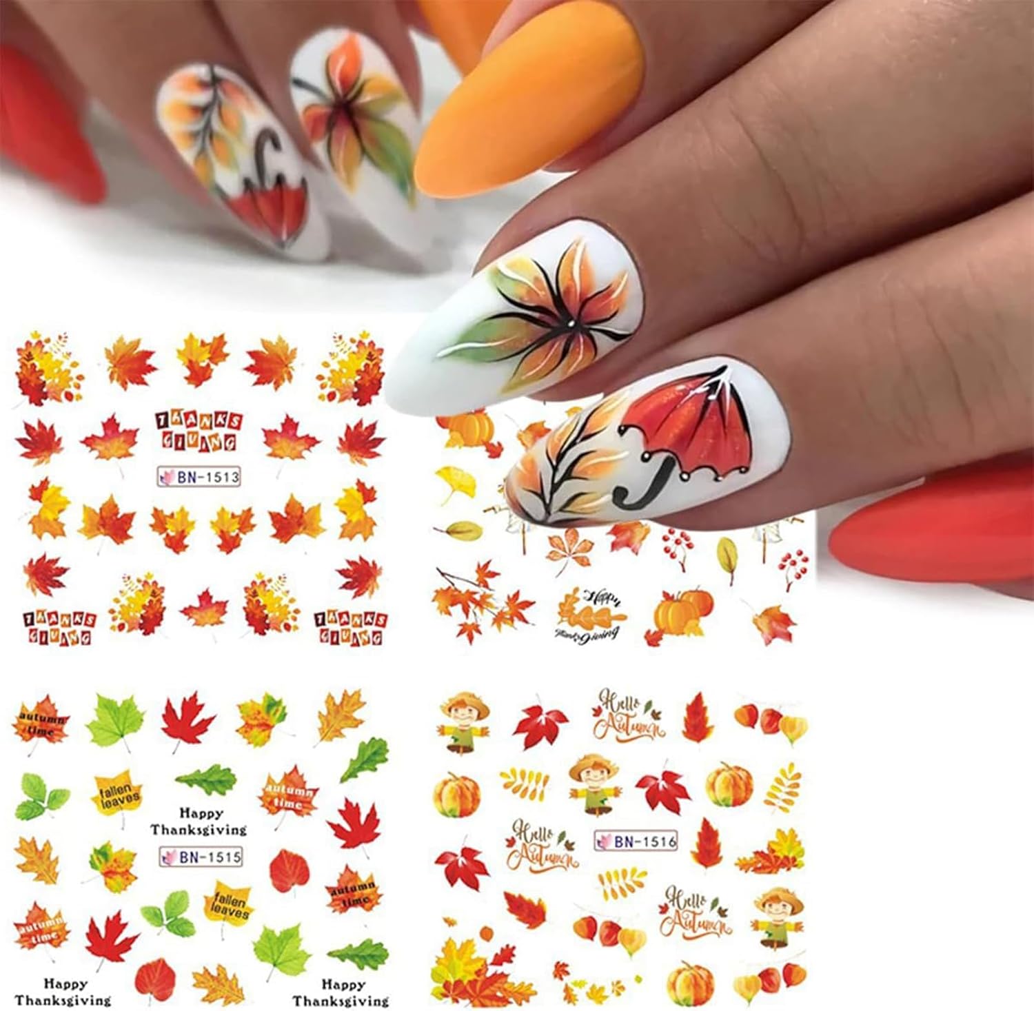 Calcomanías de arte de uñas de otoño, calcomanías de uñas de Acción de Gracias, hoja de arce, pavo, transferencia de agua, calcomanías de uñas de