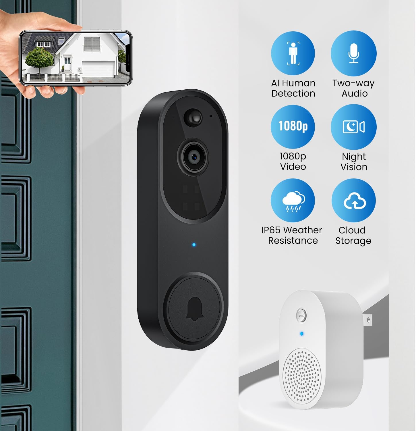 ALPHAPEACH Timbre de video 1080P inalámbrico para seguridad en el hogar con timbre de anillo, 100% sin cable, detección humana inteligente con