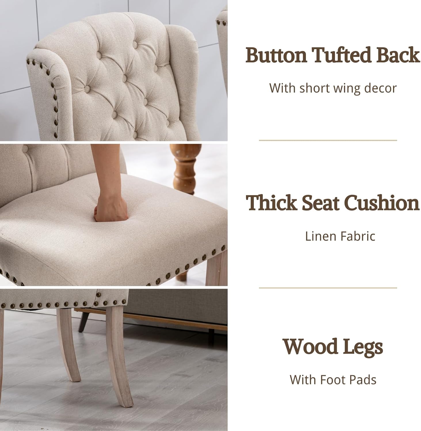 HEAH-YO Juego de 2 sillas de comedor modernas, sillas de cocina tapizadas con patas de madera y clavos de cobre, sillas copetudas sin brazos para