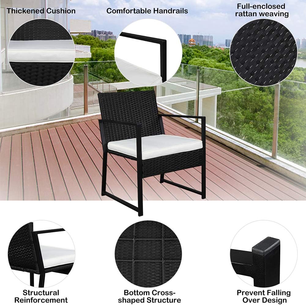 Juego de 3 piezas de muebles de mimbre para exteriores, sillas de ratán con mesa auxiliar para patio y bistró, color negro