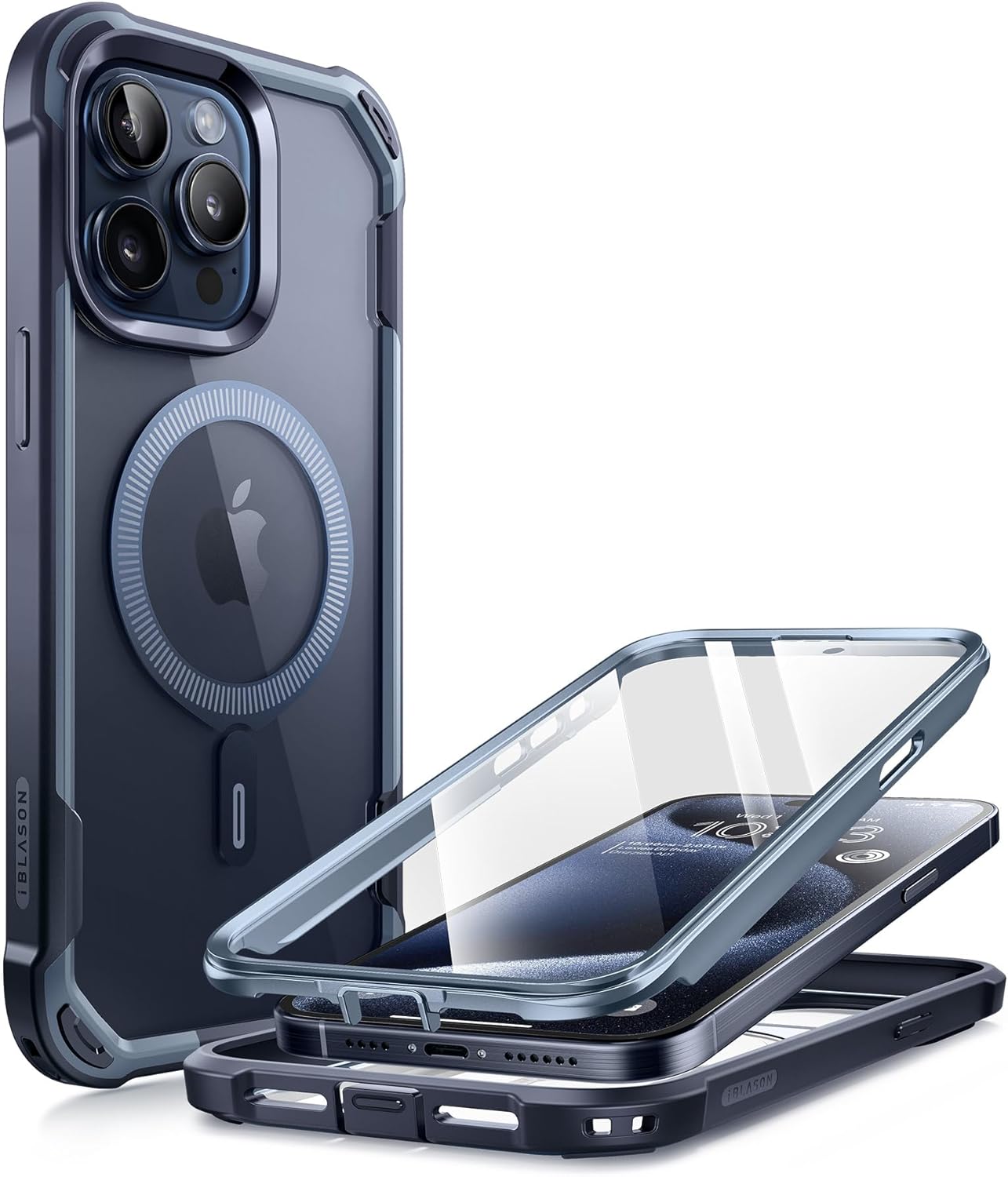 i-Blason Ares Mag – Funda para iPhone 15 Pro, compatible con MagSafe, funda transparente de doble capa con protector de pantalla integrado (azul
