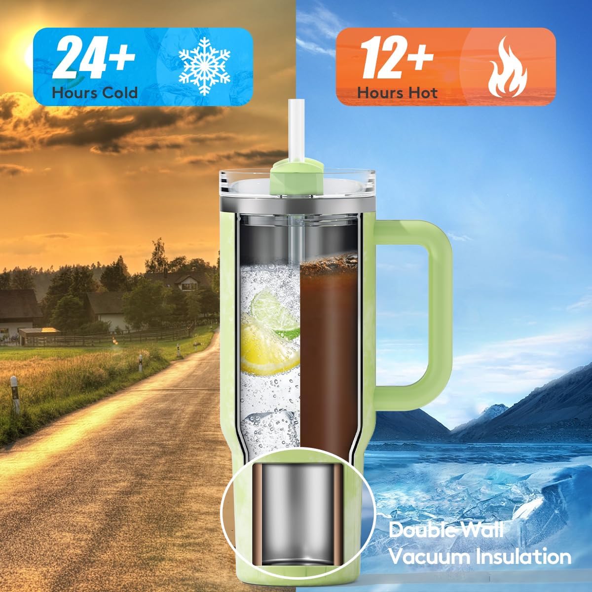 ZUWOZU Vaso de acero inoxidable con aislamiento al vacío con tapa y pajilla, de 40 oz, con asa y pajilla, 2 tapas, taza de viaje para café helado,