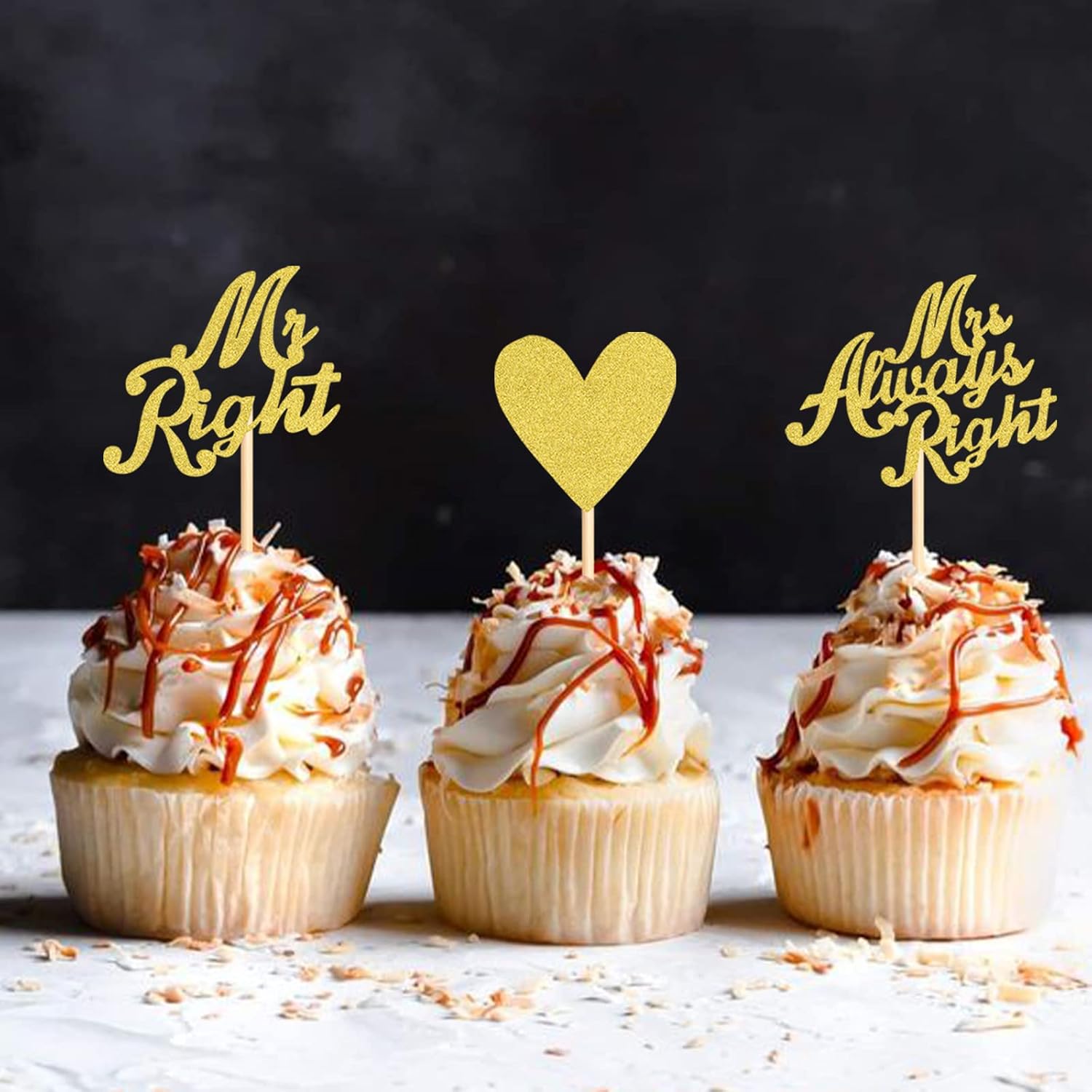 Paquete de 24 adornos para cupcakes Mr Right Mrs Always Right, diseño de corazón para despedida de soltera, bodas, compromisos, cumpleaños,