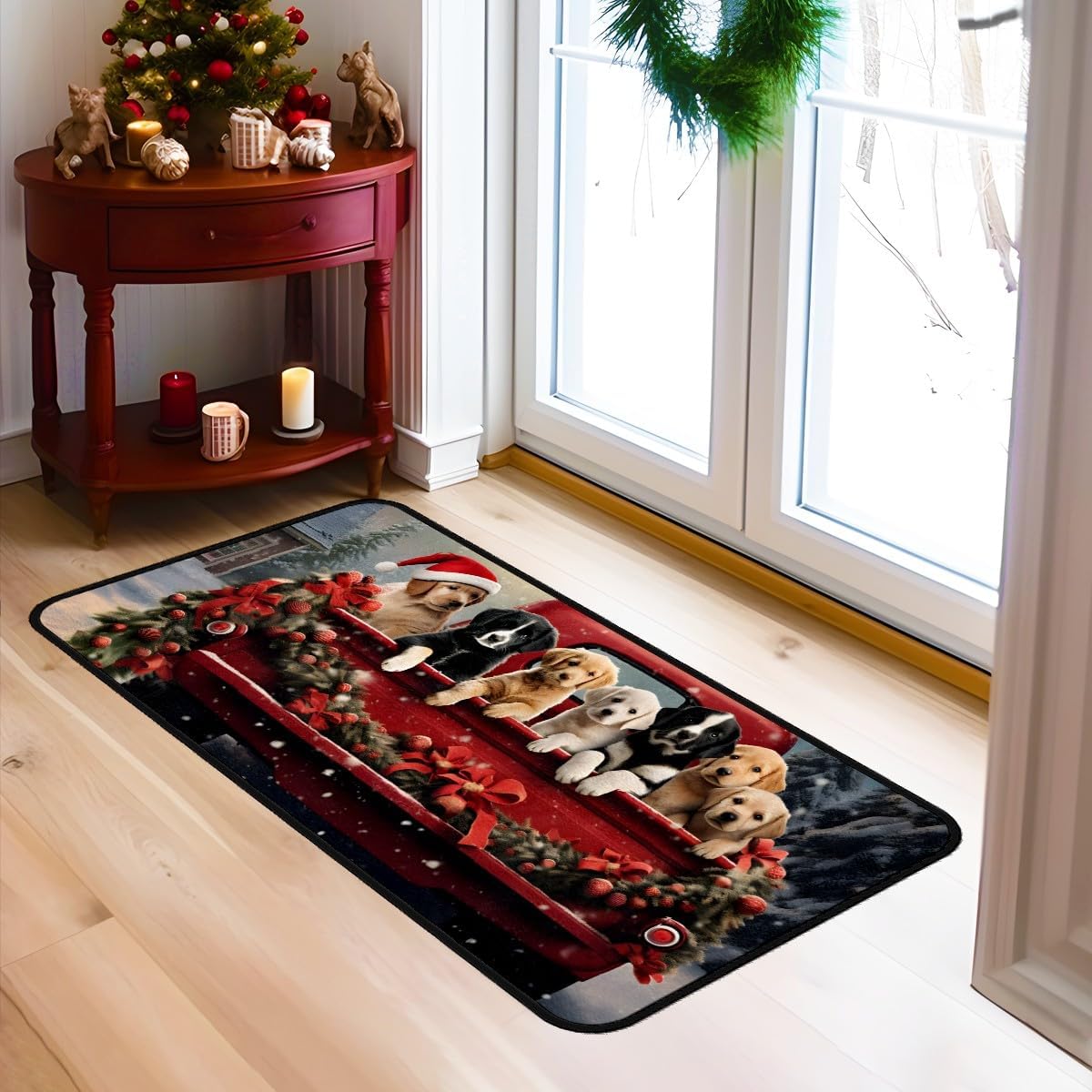 MSINMKOK Alfombra de pasillo de perros lindos de Navidad, alfombra roja lavable para lavandería, cocina, accesorios para el hogar, decoración de