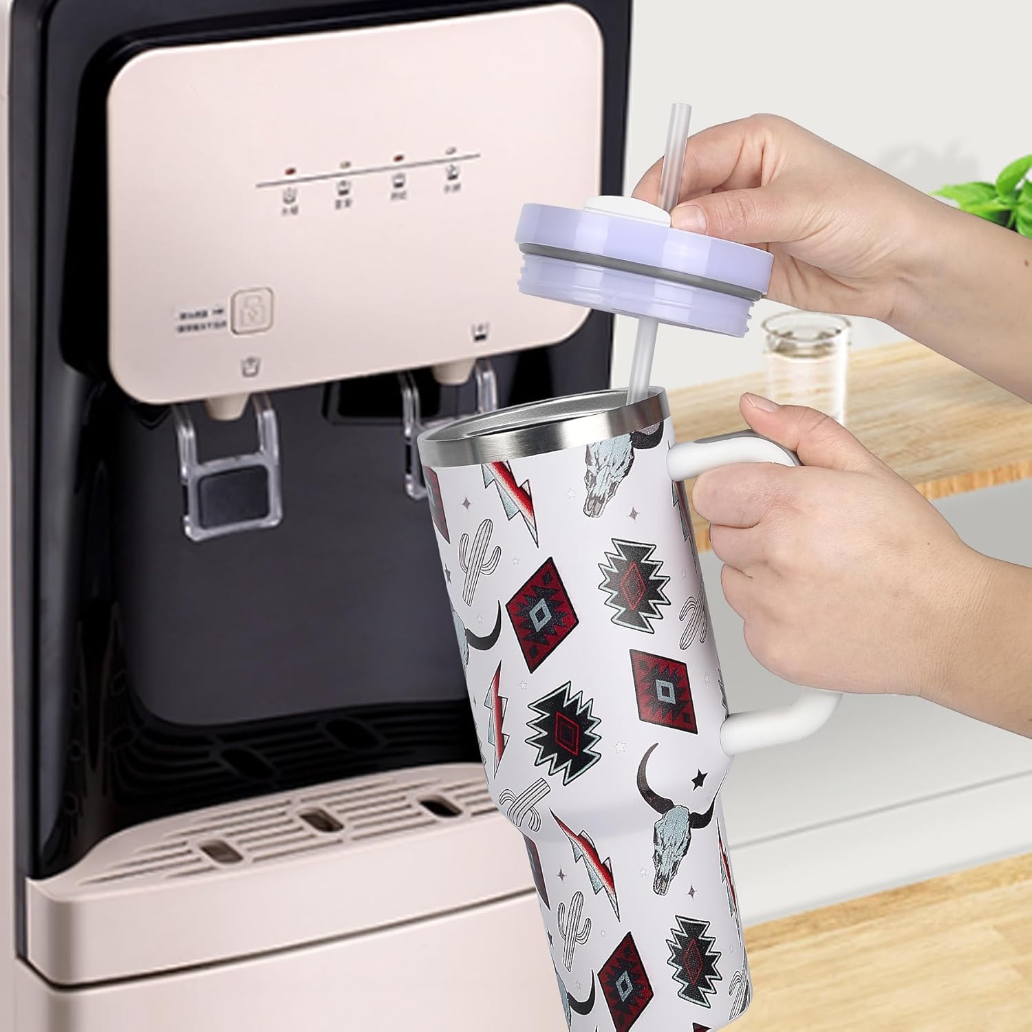 Atzec – Vaso aislado de 40 onzas con tapa y popotes, vaso de café de acero inoxidable con asa, doble vacío a prueba de fugas, taza de café, botella