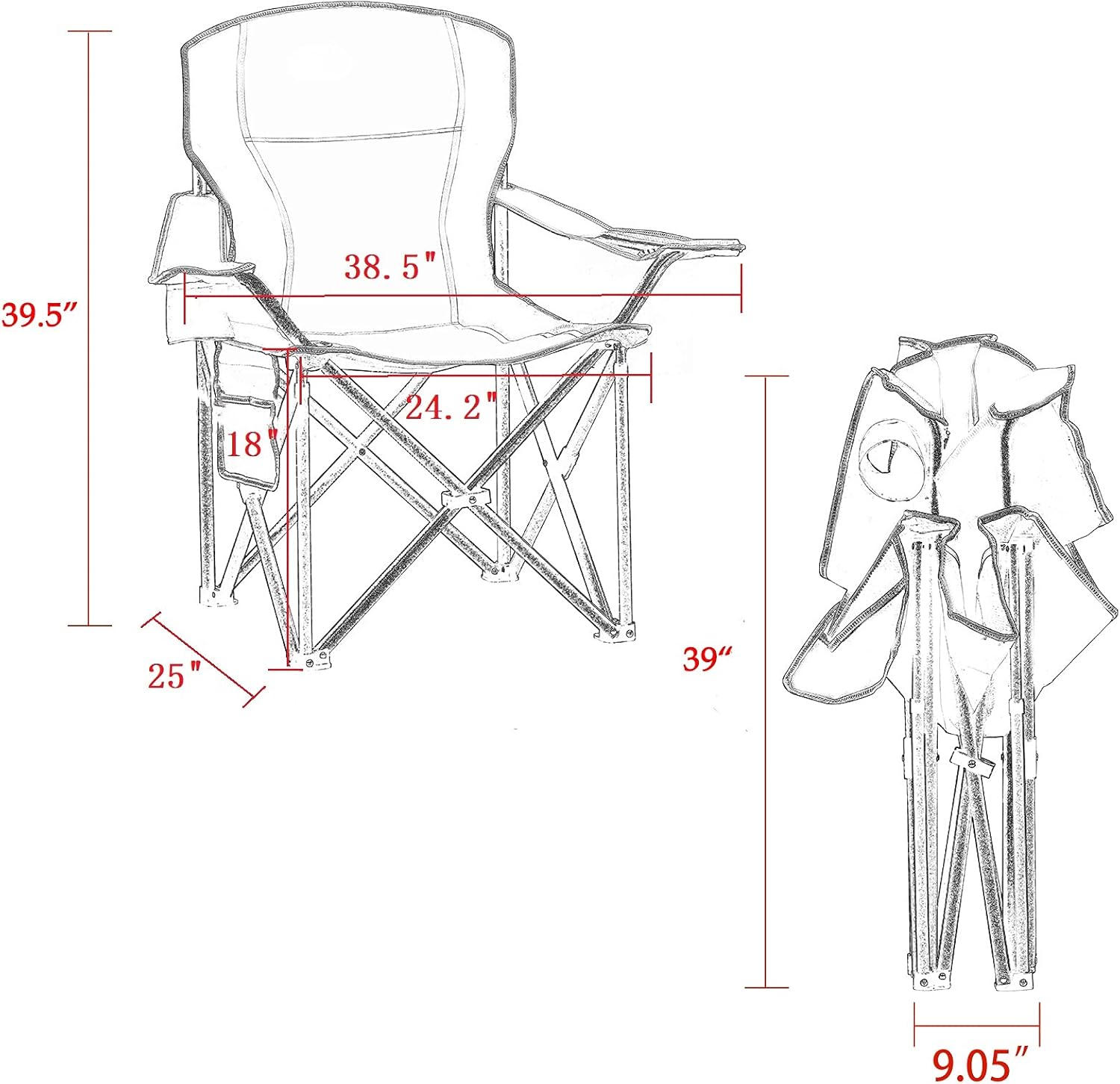 Sillas de campamento acolchadas para adultos, sillas plegables de gran tamaño para exteriores, color rojo, capacidad de peso de 475 libras, con