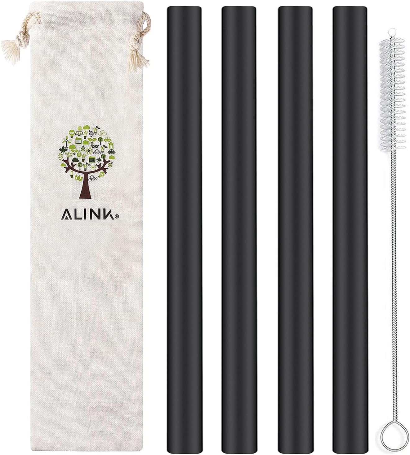 ALINK Pajitas Boba reutilizables de silicona negra, paquete de 4 popotes extra anchos para té de burbujas, batidos, perlas de tapioca con cepillo de