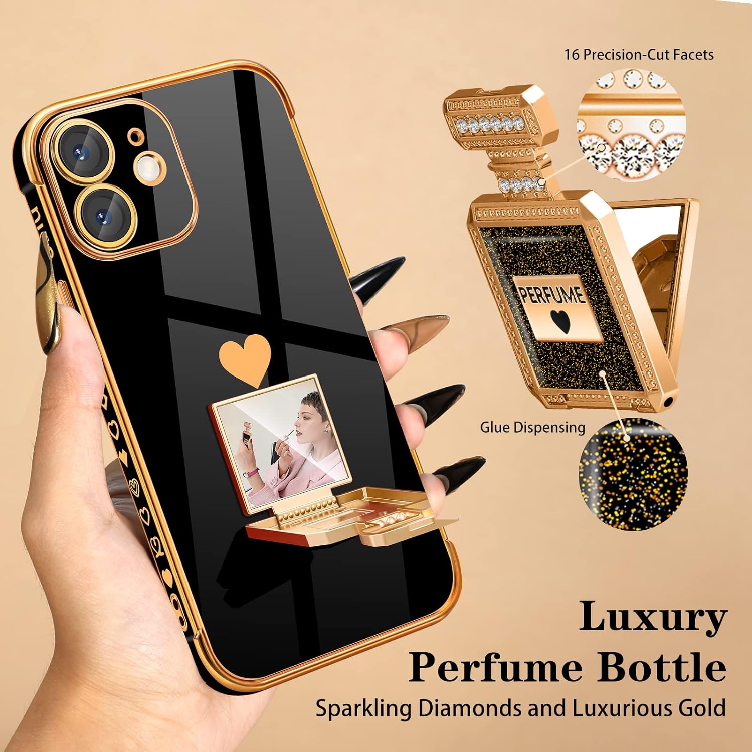 Buleens Funda para iPhone 11 con soporte de espejo de botella de perfume de metal, bonitas fundas de corazón femenino para iPhone 11, elegante funda