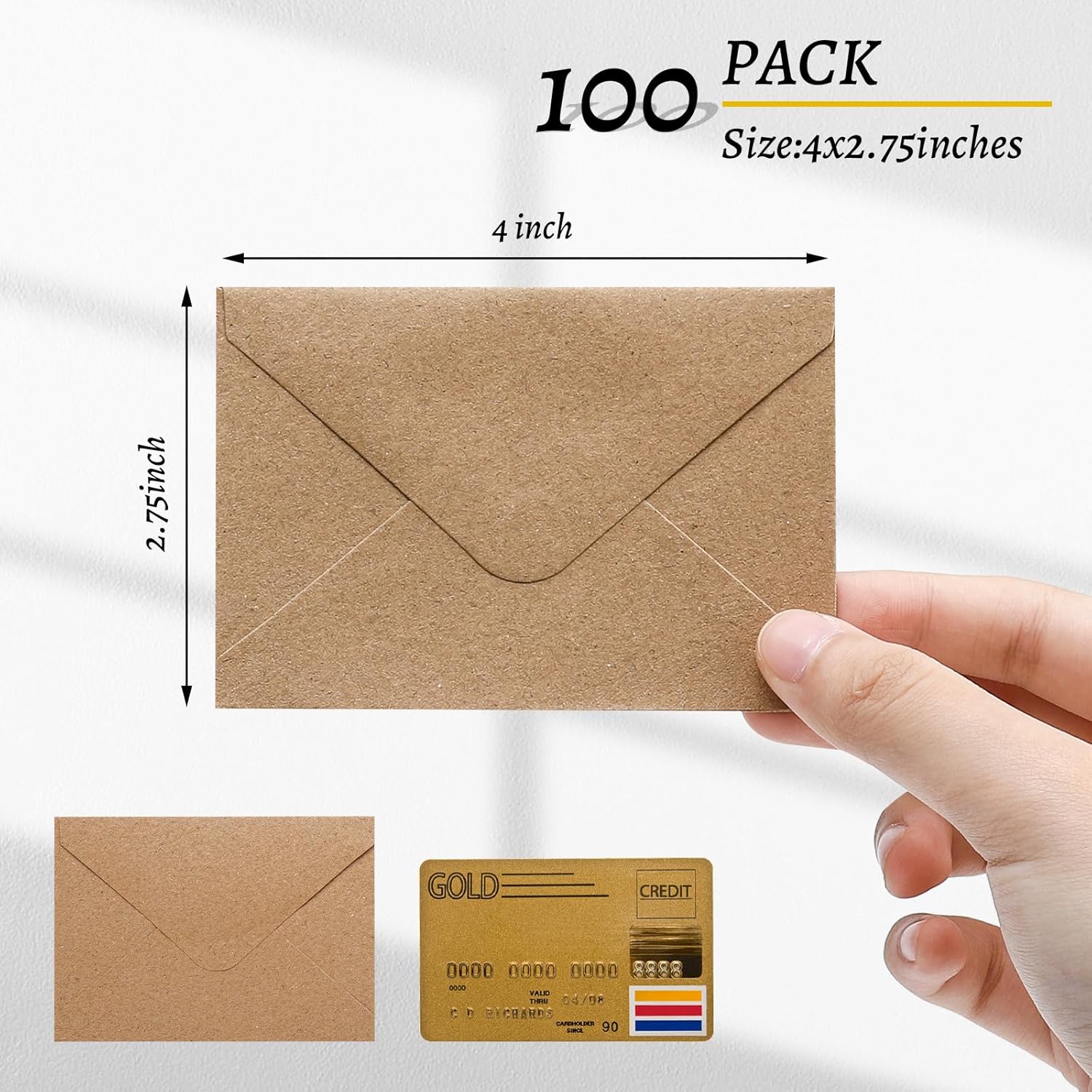 Paquete de 100 sobres pequeños de 4 x 2.75 pulgadas, sobres de papel kraft de 120 GSM, sobres pequeños de papel kraft para tarjetas de regalo,