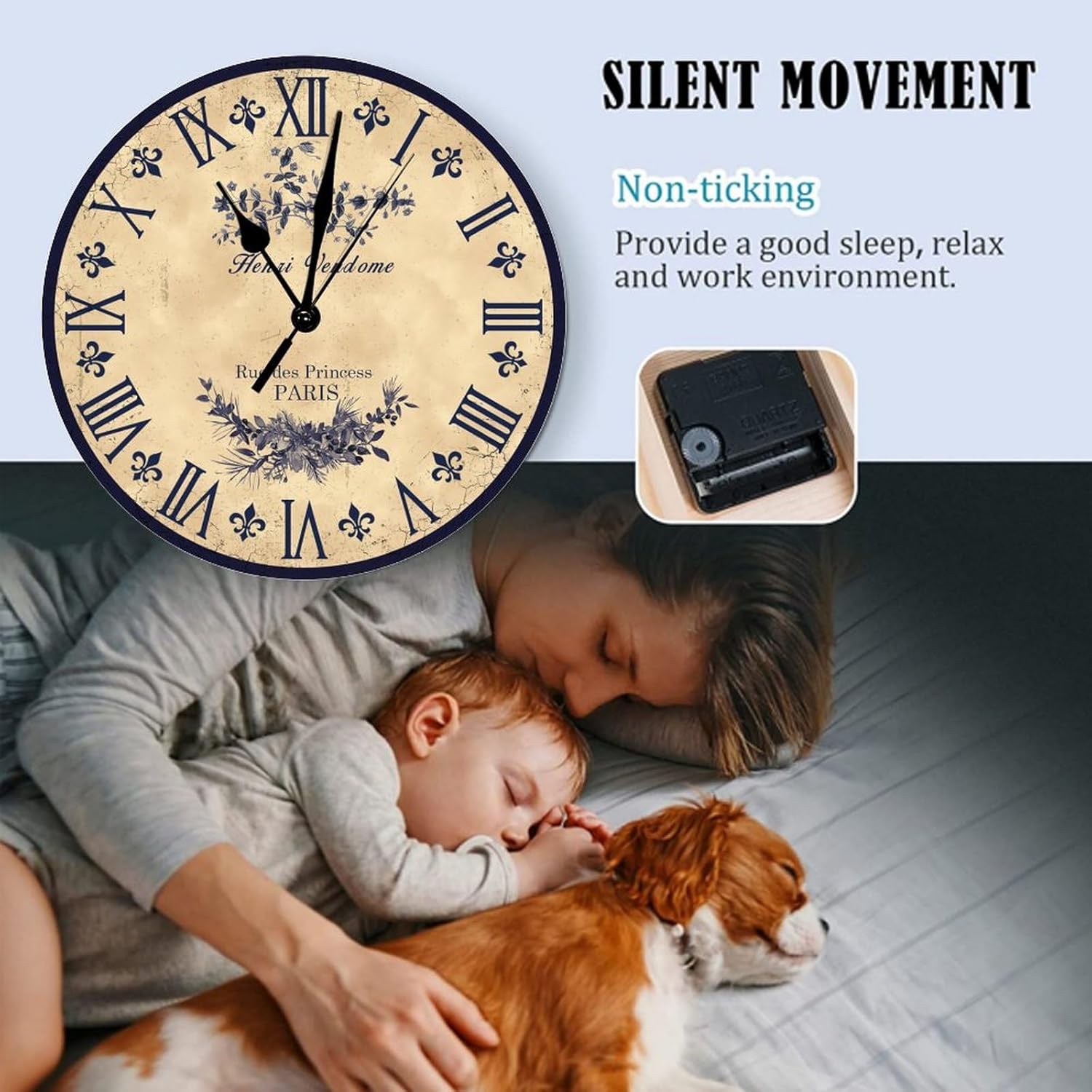 Brown Toile – Reloj de pared para sala de estar, reloj de pared silencioso con pilas, reloj de pared silencioso de 15 pulgadas, reloj de madera