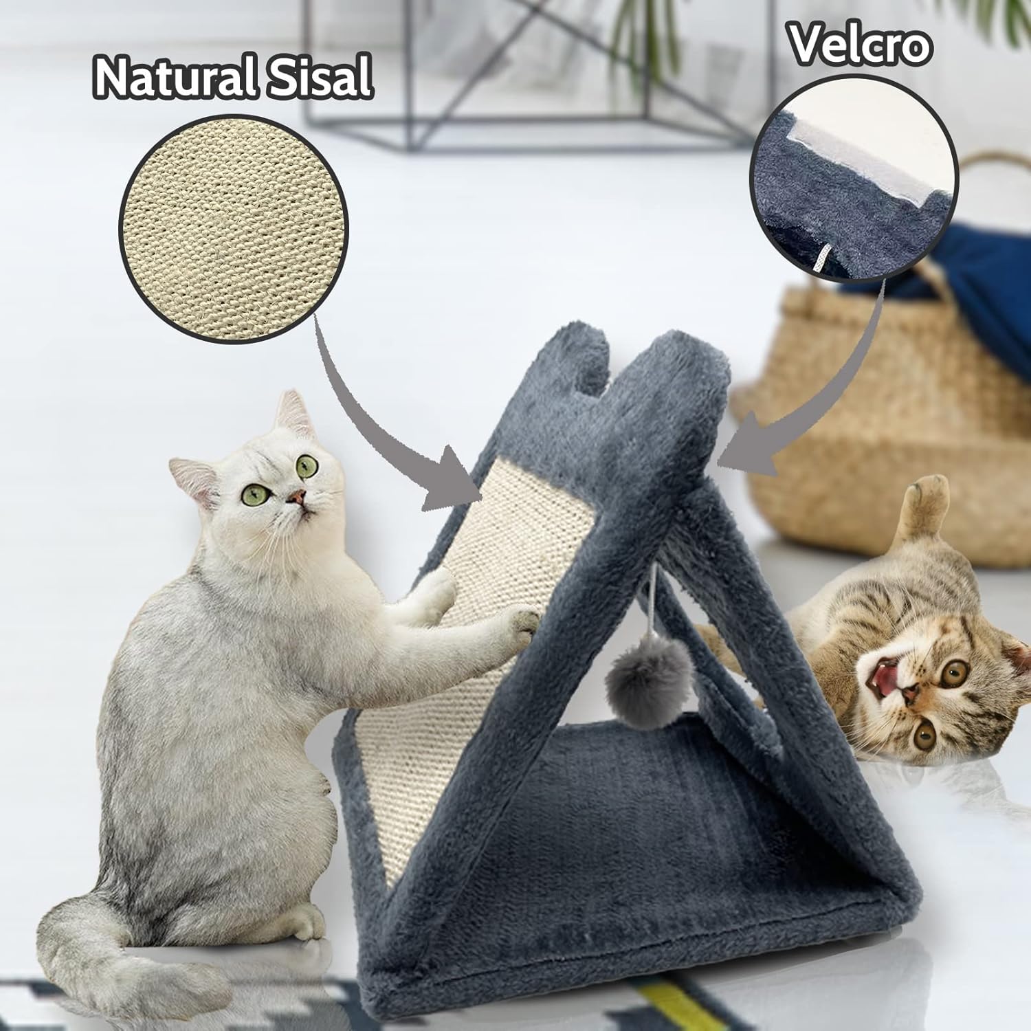 Fhiny Poste rascador triangular para gatos, sisal natural para gatos con bola de felpa colgante, nido de cueva para mascotas, centro de actividades
