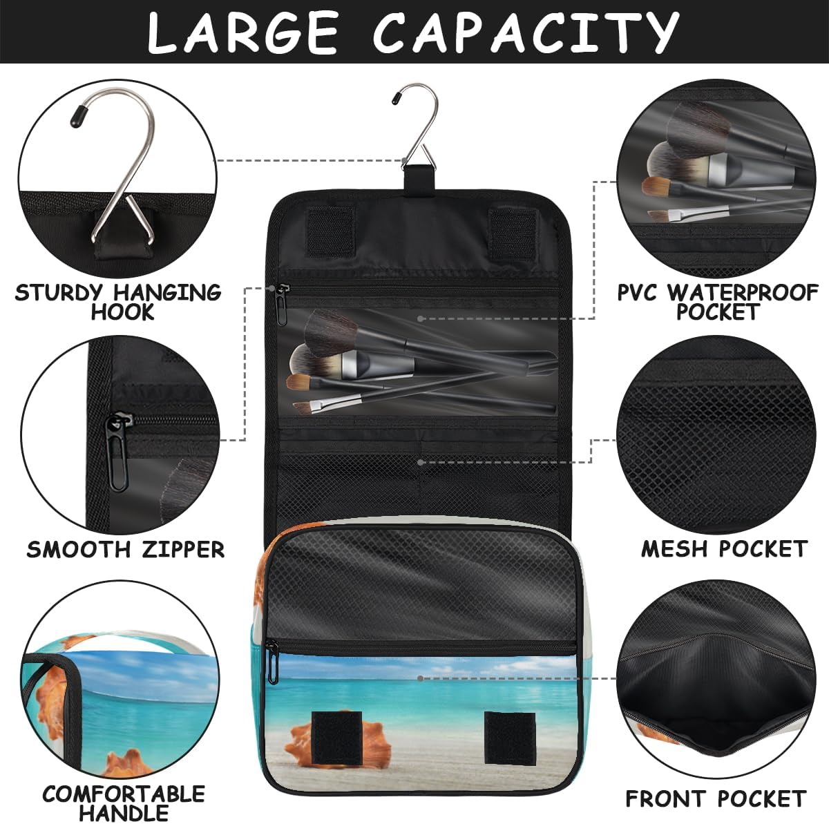QsirBC Shell – Neceser de playa para mujer, organizador de maquillaje de viaje con gancho para colgar, bolsas de cosméticos de viaje para accesorios