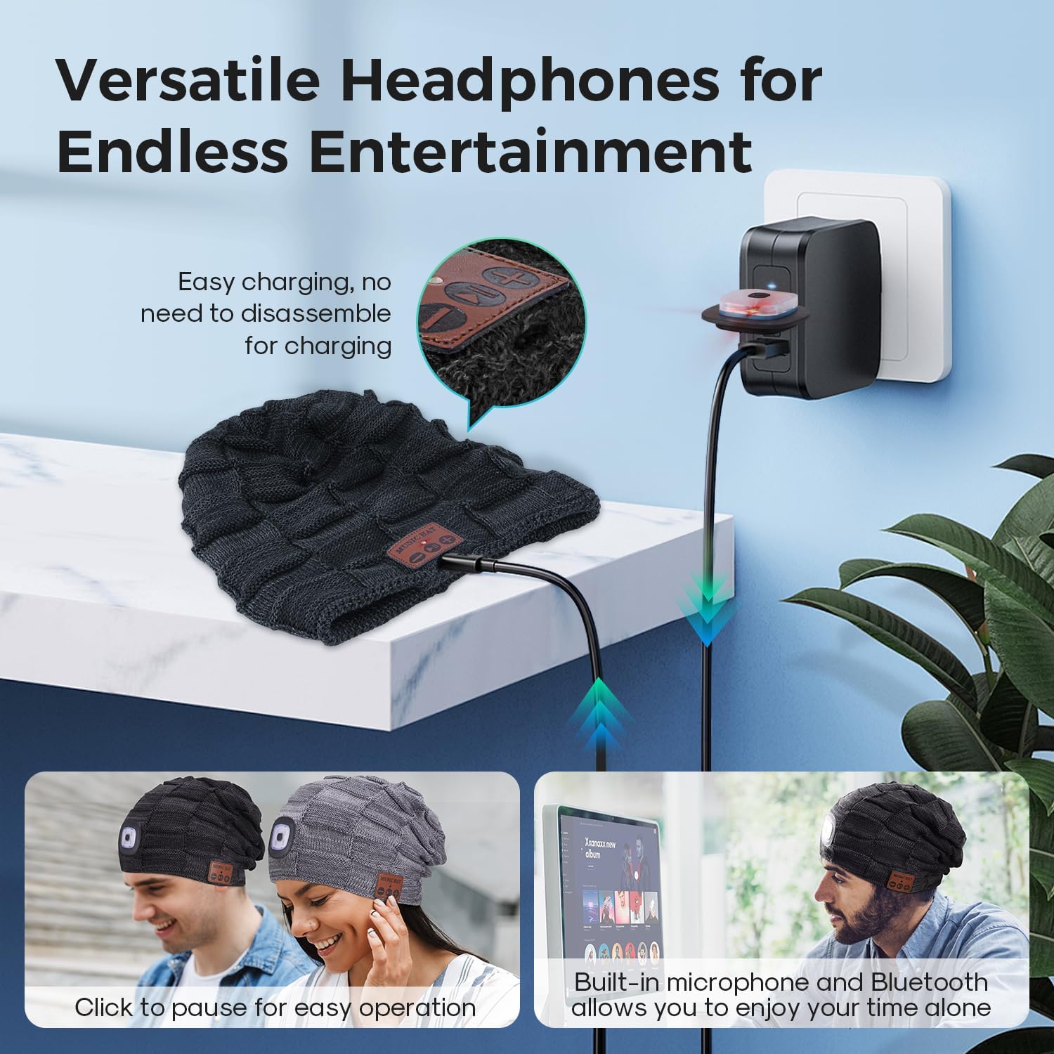 EGOUTI Bluetooth Beanie with Light for Men, Beanie with Light LED, Headlamp Cap Wireless Headphones Gifts for Men Dad Teen