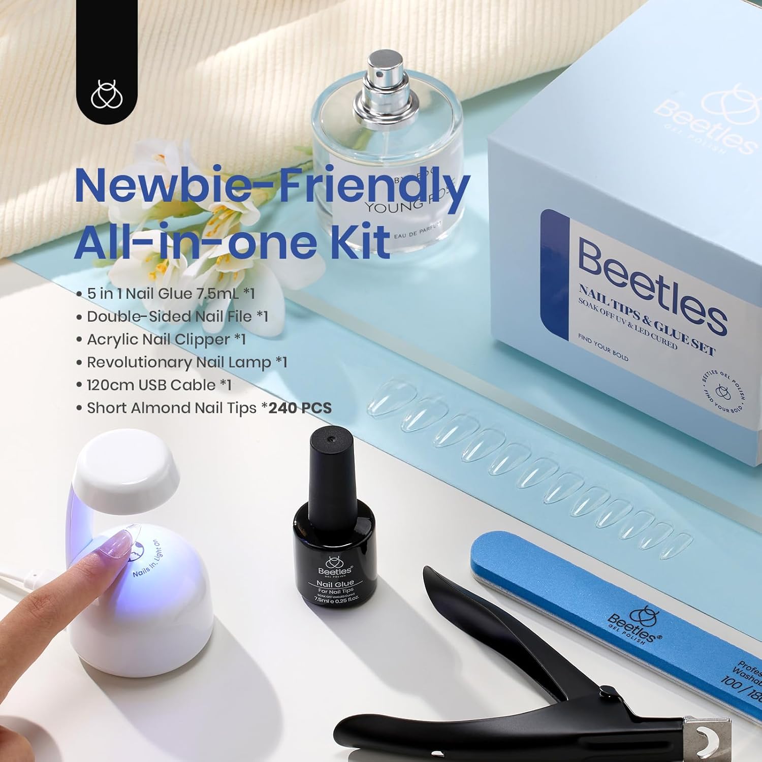 Beetles – Kit de extensión de uñas de gel fácil con 240 puntas cortas en forma de almendras 5 en 1, gel base de pegamento de uñas e innovadora