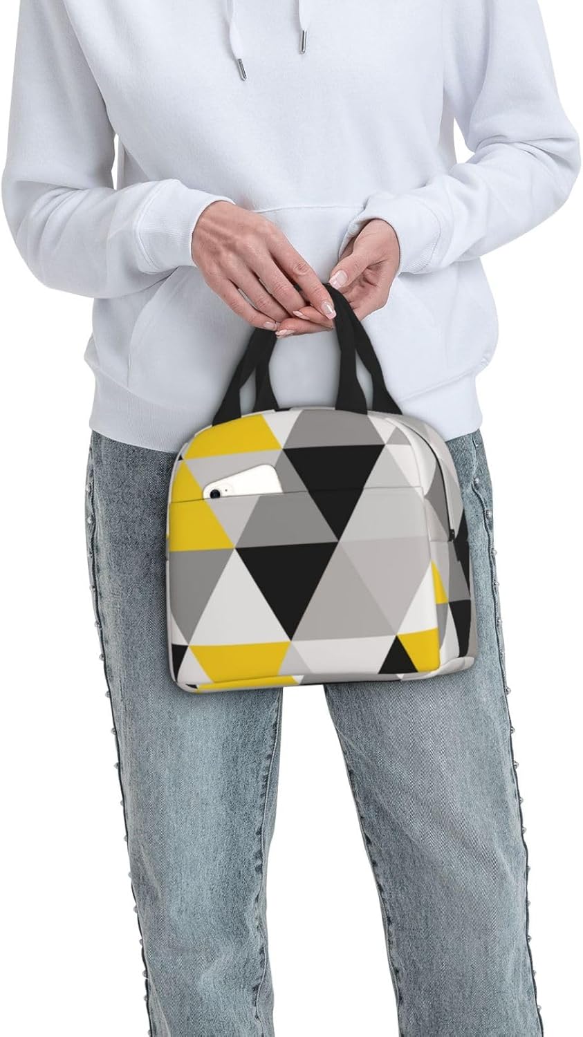 Bolsa de almuerzo reutilizable con aislamiento, triángulos geométricos blancos, amarillos y grises, caja de mano para preparación de comidas para