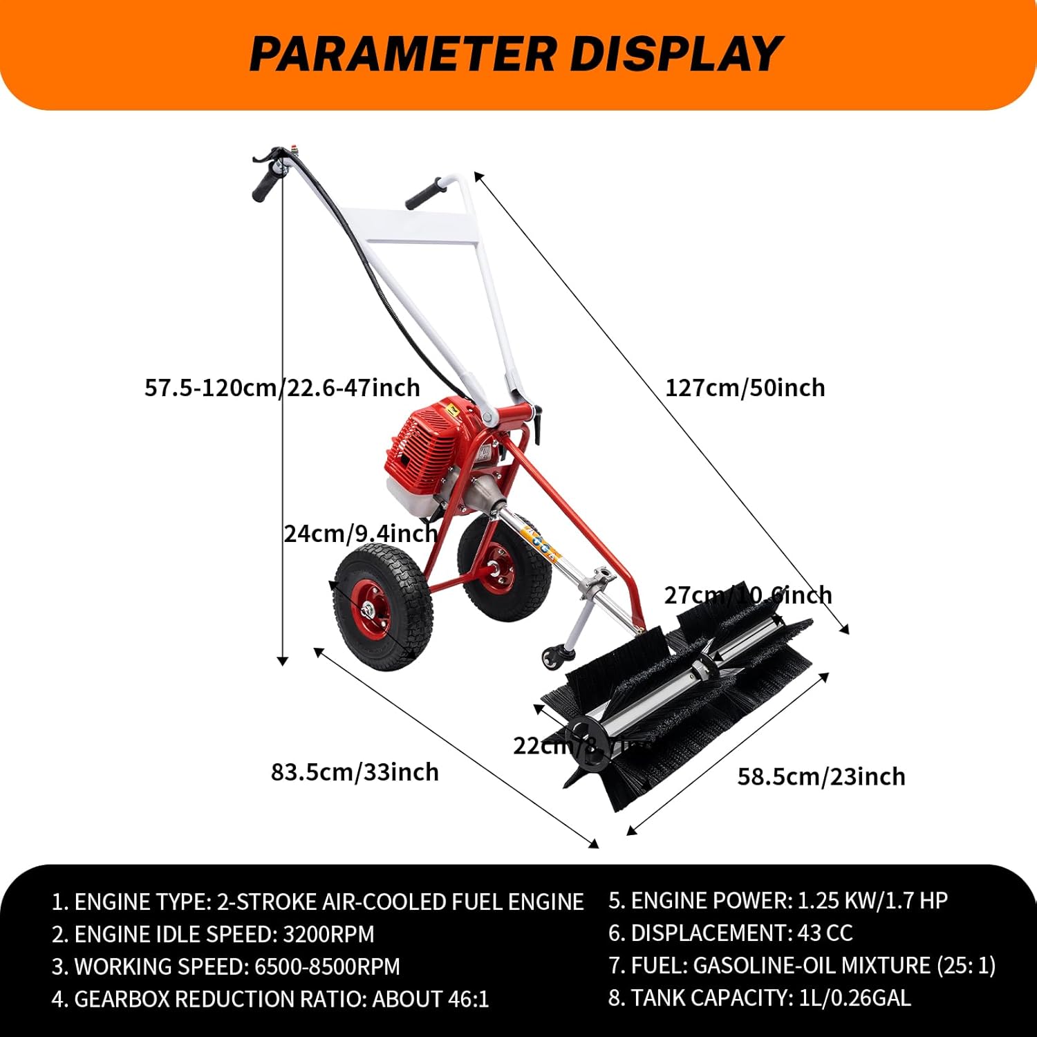 DNYSYSJ Escoba barredora de mano, 43CC 1.7hp 2 tiempos a gas de 2 tiempos para barrendas, máquina de cepillo de limpieza para limpieza de césped,