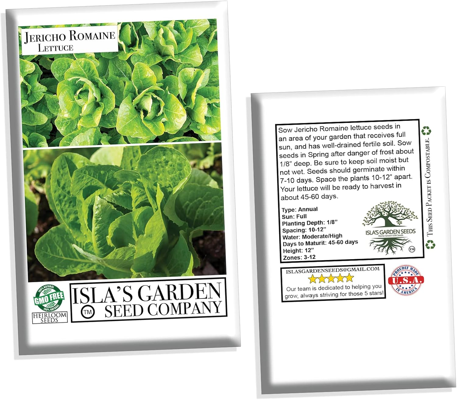 Jericho Semillas de lechuga romana para plantar, más de 500 semillas tradicionales por paquete, semillas de jardín de Isla (semillas de jardín de