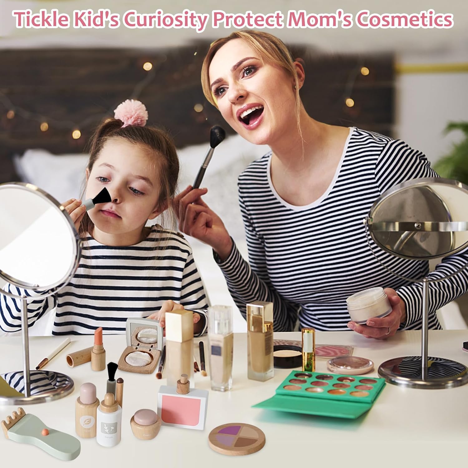 Juego de 22 juguetes de maquillaje de madera para niños pequeños, juguetes de salón de belleza de madera, kit de maquillaje de madera con accesorios