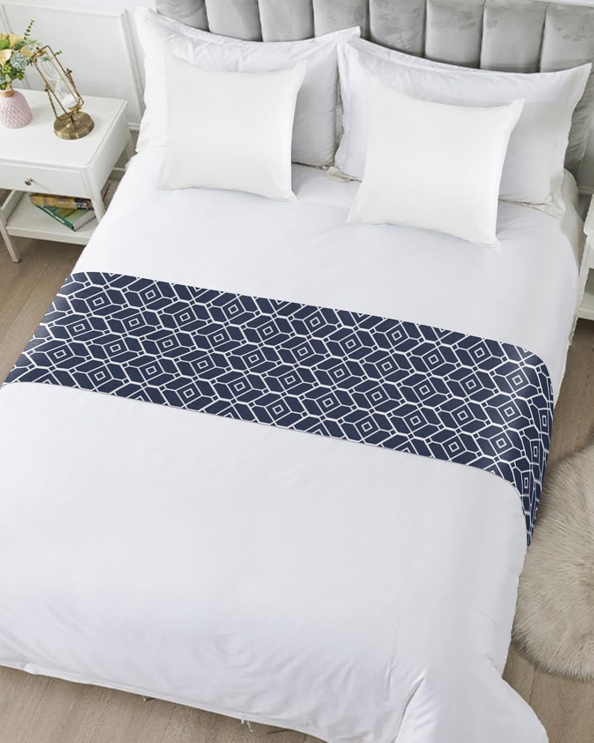Navy Blue Bed Runners for King Size Bed, Decorative Bed Throws for Foot of Bed, White Modern Geometric Abstract Art Aesthetics Bed Runner Sofa Throw