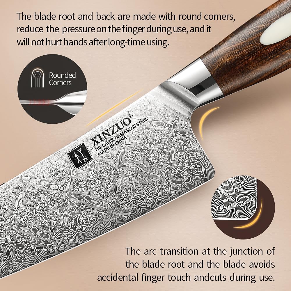 XINZUO Cuchillo de chef de acero de Damasco de 8.3 pulgadas, 110 capas, cuchillo de cocina profesional forjado a mano, espiga completa, cuchillo