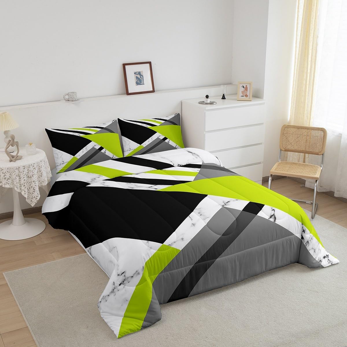 Juego de edredón verde lima y gris, juego de ropa de cama geométrica verde, negro y blanco, tamaño individual, patrón de retazos, geométrico,