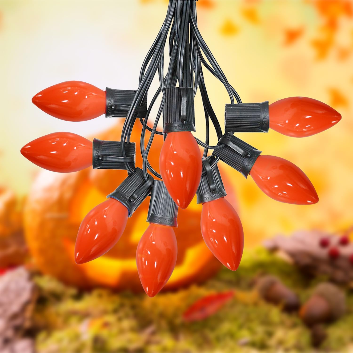 Luces LED C7 de Halloween, 25 pies, de cerámica, color naranja, luces de Halloween para interiores y exteriores con 25 bombillas LED C7, ideal como