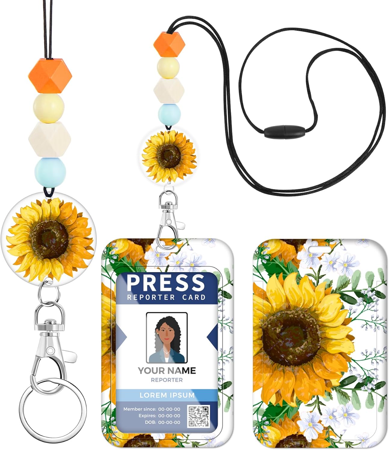Toykee Cordón para profesor para tarjeta de identificación, girasol, para hombres y mujeres, con cuentas, cordón para el cuello, insignias, soporte