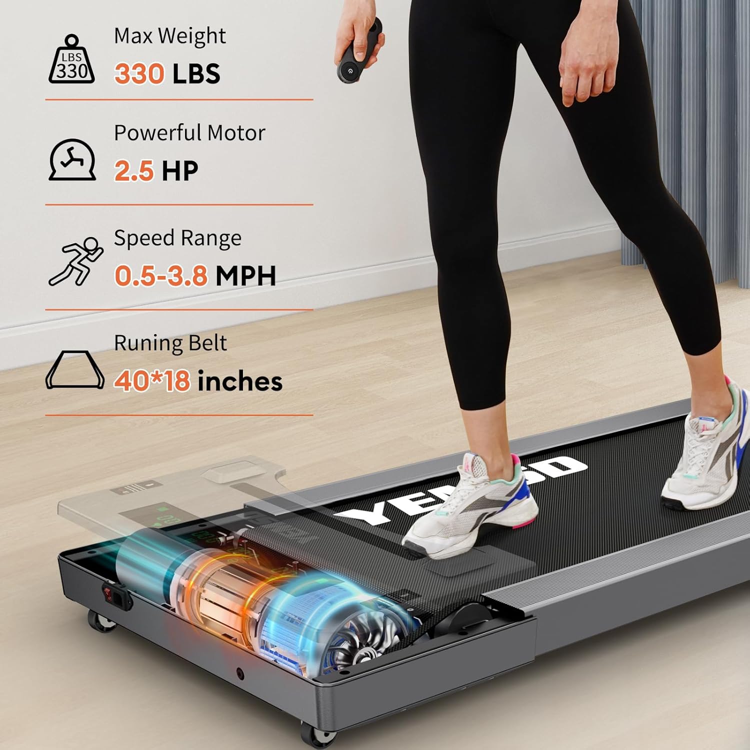 Walking Pad Treadmill, 2.5 HP Under Desk Treadmill for Home Office Walking Treadmill with LED Display,Remote Controller,330LBS Weight Capacity