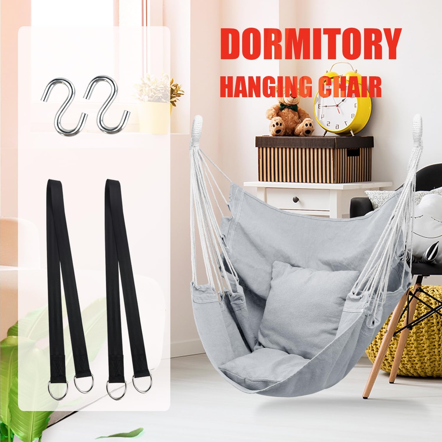 Silla hamaca colgante con cuerda, máximo 300 libras silla colgante con bolsillo, tejido de algodón de calidad para mayor comodidad y durabilidad,