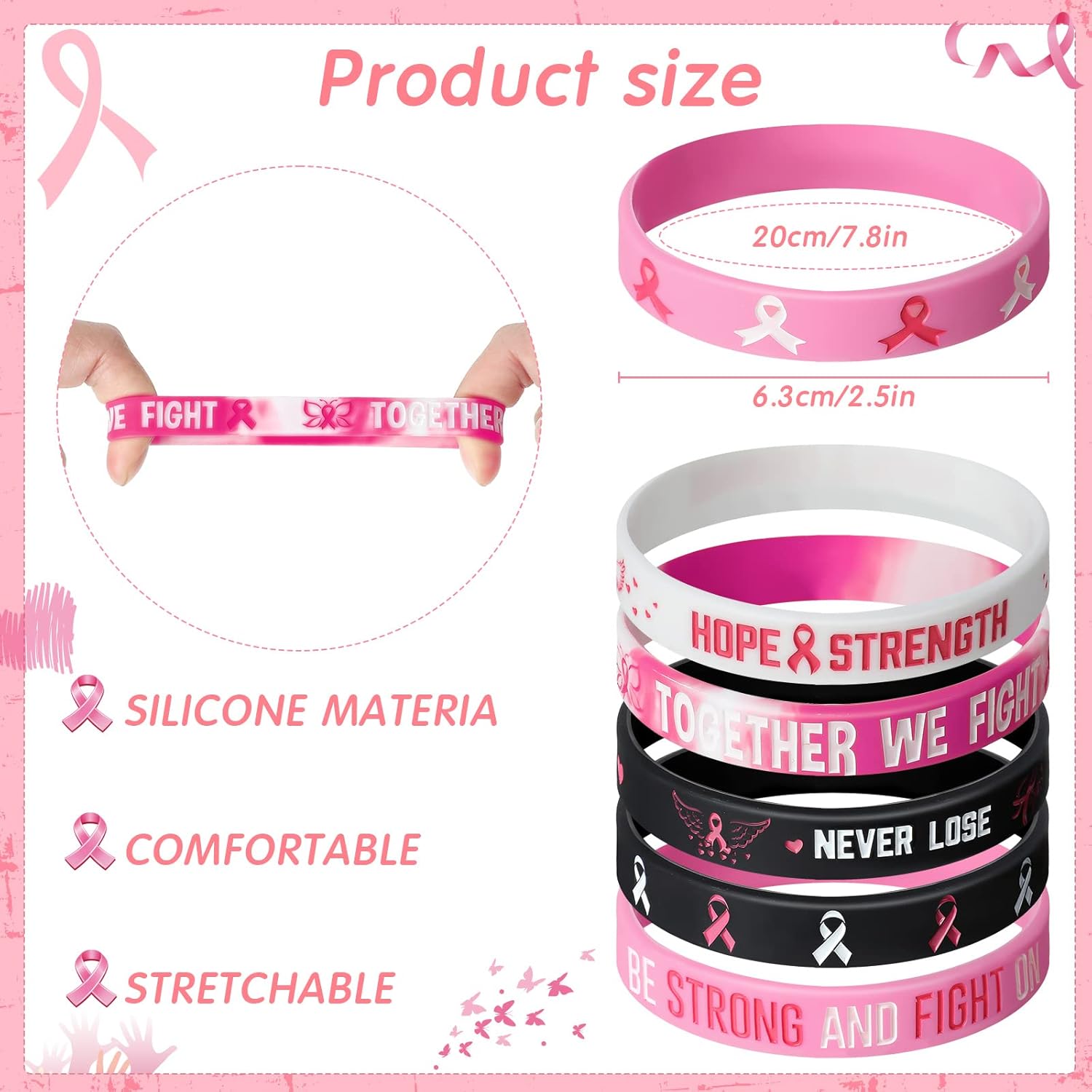 60 accesorios de concientización sobre el cáncer de mama, incluyen 30 pulseras de silicona de cinta rosa y negra, pulsera de goma y 30 insignias de