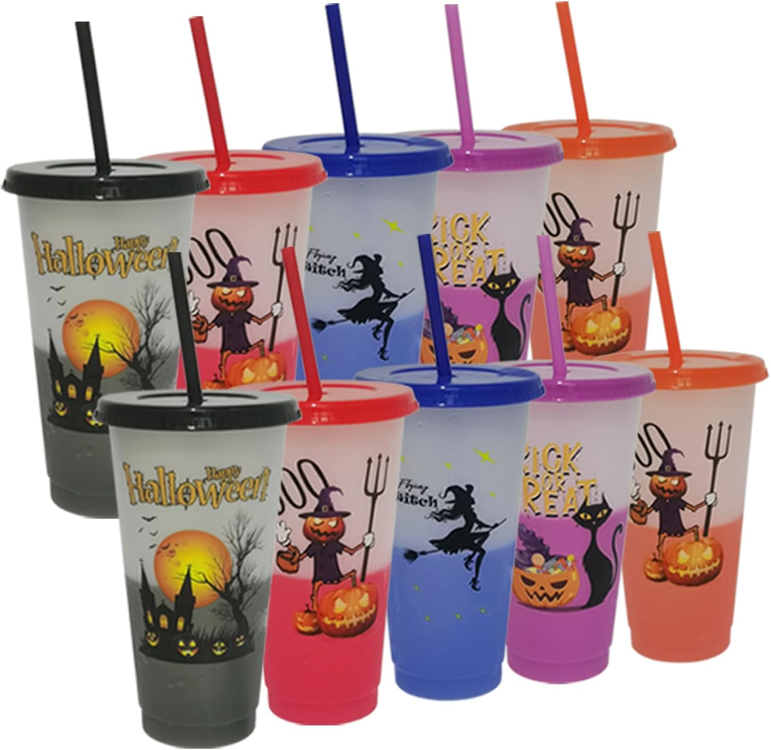 Aodse Vasos que cambian de color de Halloween con tapas y pajitas, paquete de 10 vasos de plástico de 24 onzas con castillo, calabaza, gato negro