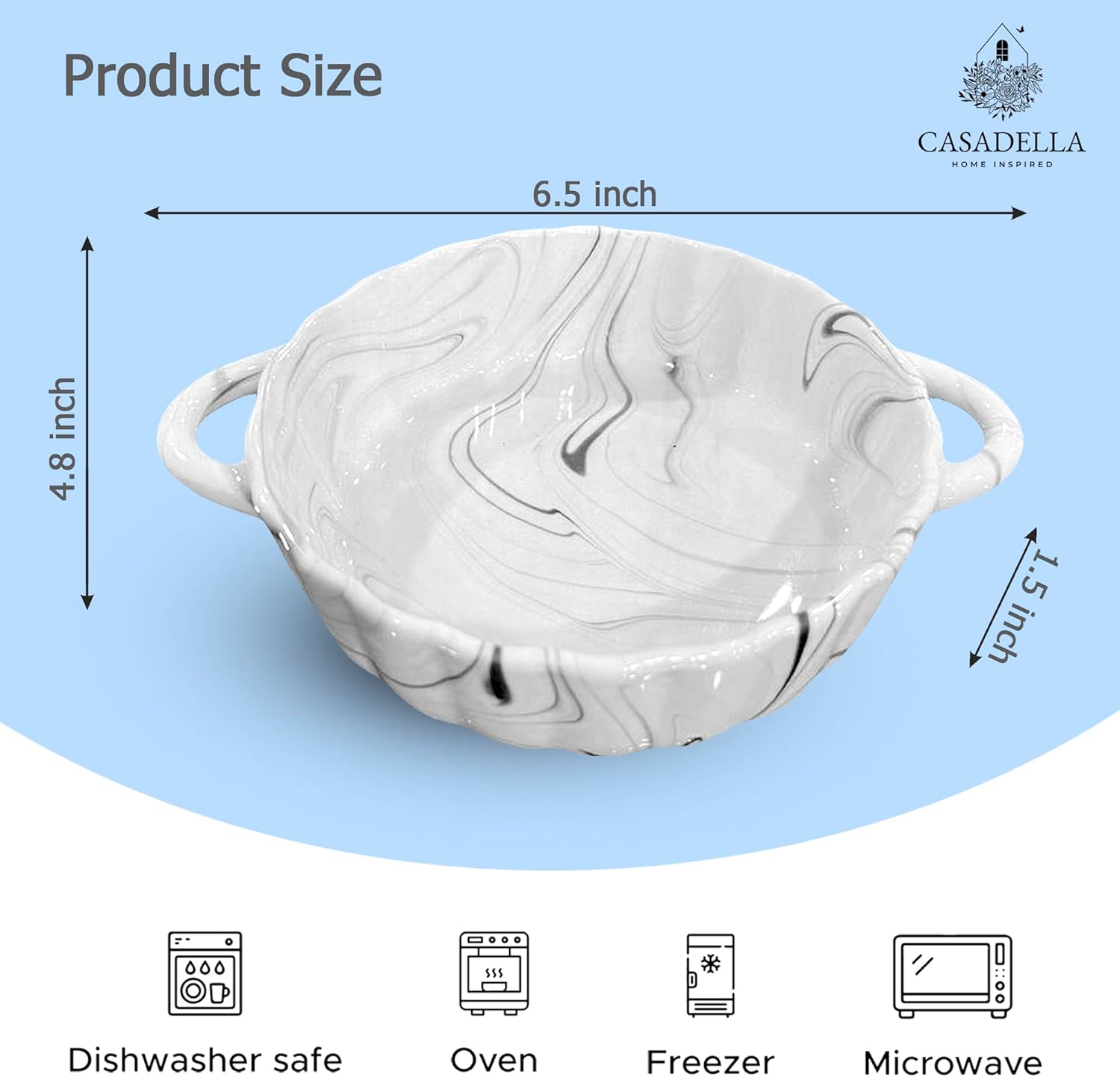 CASADELLA – Juego de 6 moldes para horno de 8 onzas, juego de 6 moldes de crema Brulee con asas dobles, tazas de postre de cerámica, regalo