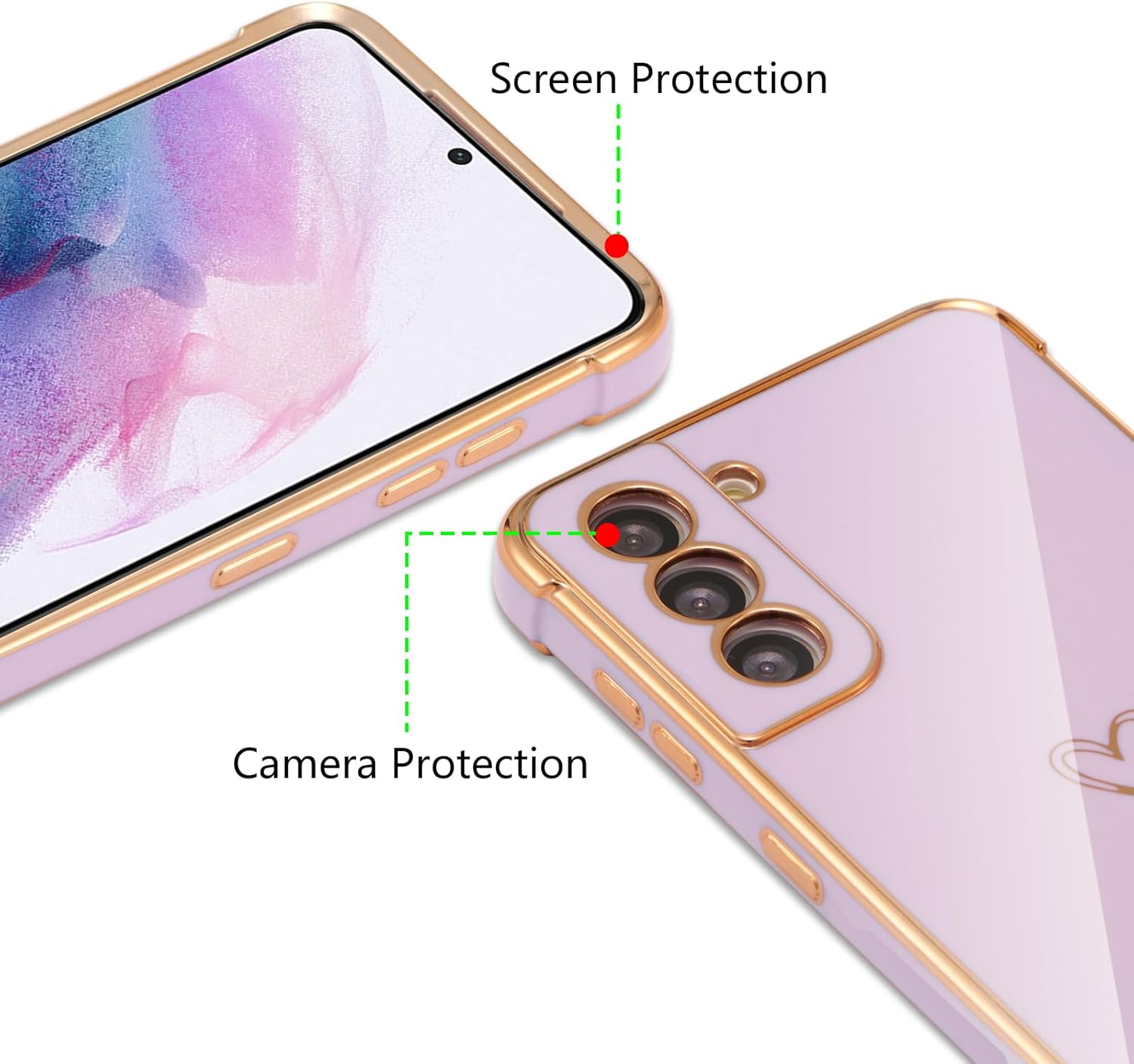 ZTOFERA Funda para Samsung Galaxy S21 5G, lindo borde chapado con patrón de corazones de amor con protección de lente de cámara, funda para Galaxy