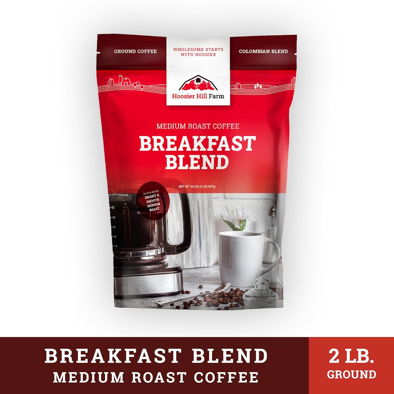 Hoosier Hill Farm Breakfast Blend – Café molido, tostado medio, 32 onzas (2 libras), bolsa resellable