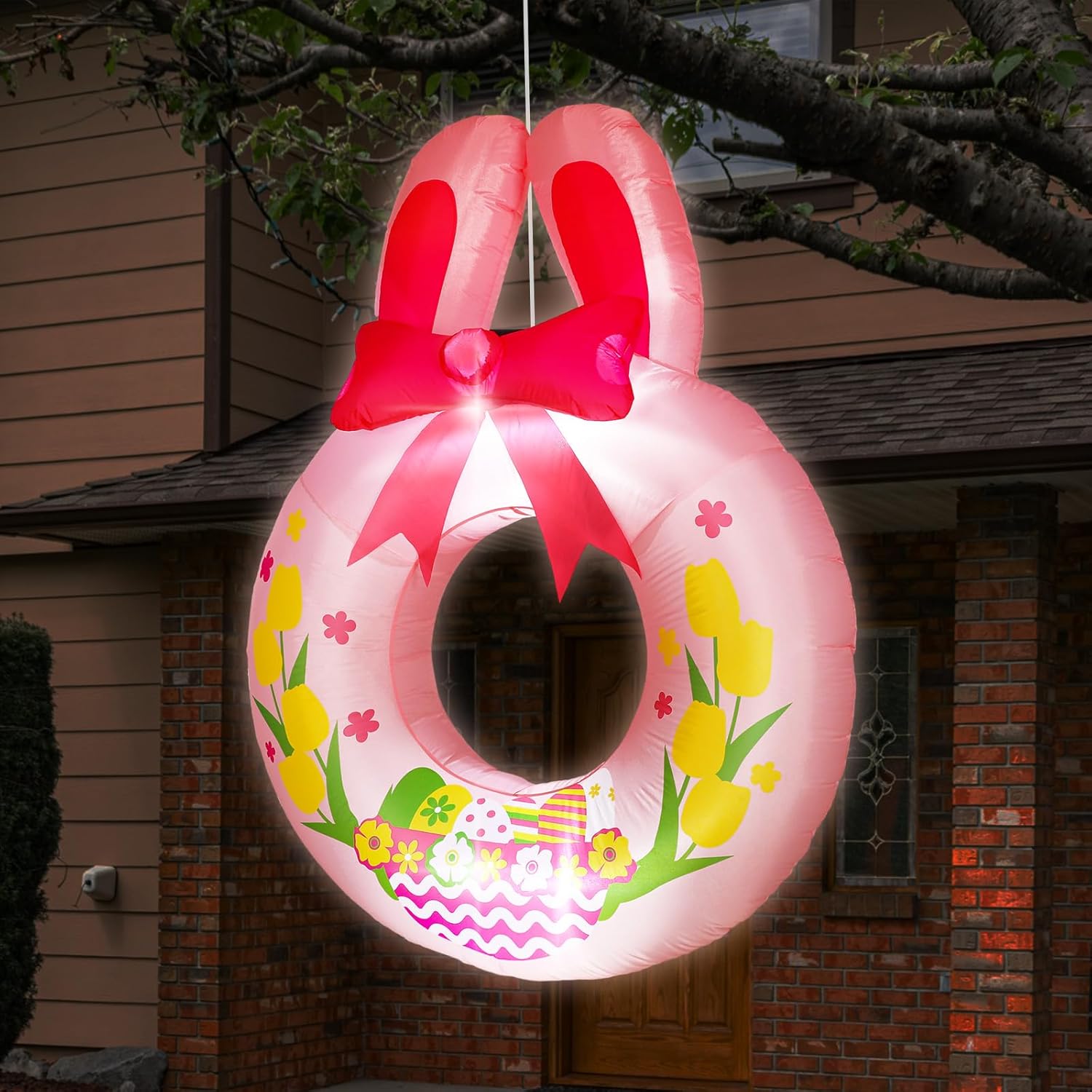 Corona inflable de Pascua de 4.9 pies, decoración al aire libre, corona de huevo de Pascua grande, corona de Pascua para primavera, decoración de