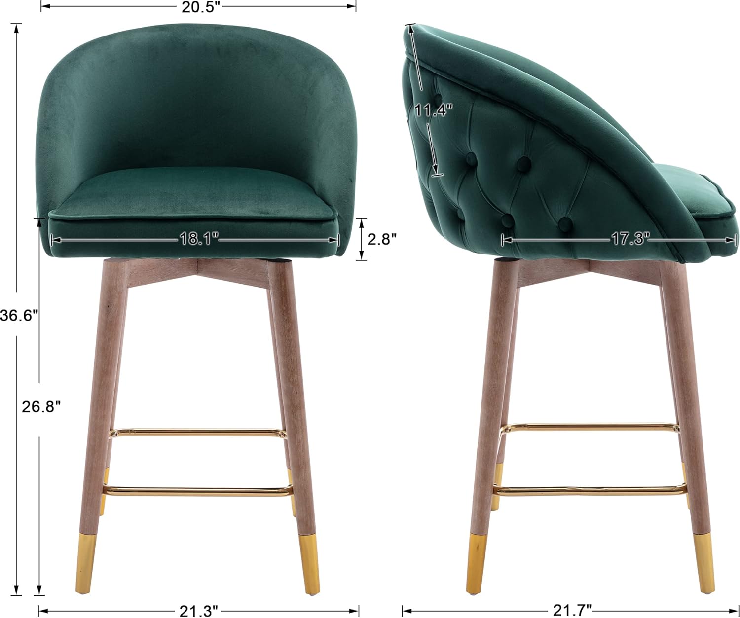 ZHENGHAO Juego de 2 taburetes de bar giratorios, sillas de bar de terciopelo de 26 pulgadas con patas de madera, silla de comedor tapizada para