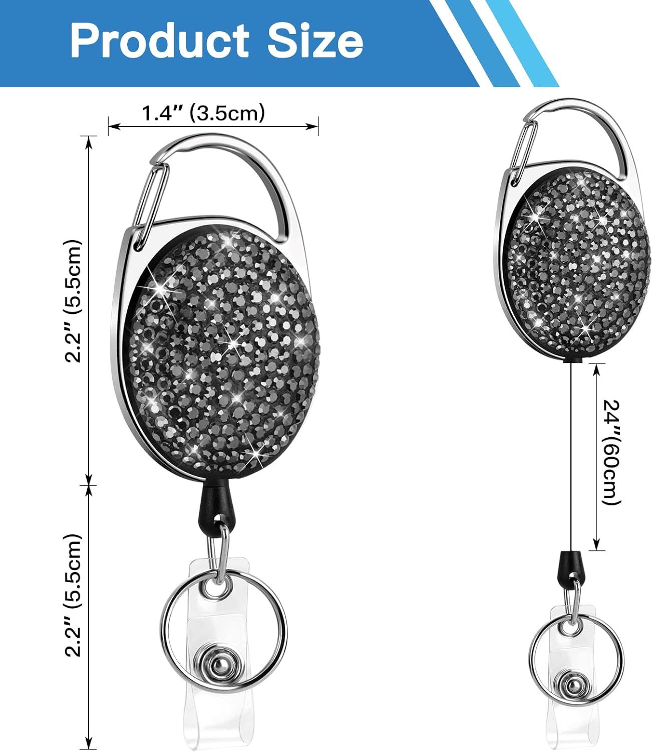 SAVORI Paquete de 2 soportes retráctiles con clip para cinturón, soporte para tarjetas de identificación, llavero con diamantes de imitación,