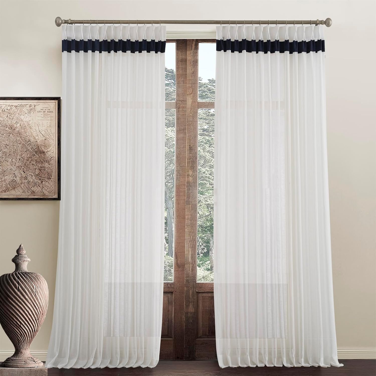 LANTIME 2 paneles de cortinas plisadas para ventana, 120 pulgadas de largo, color blanco con borde azul marino, 42 pulgadas de ancho x 120 pulgadas
