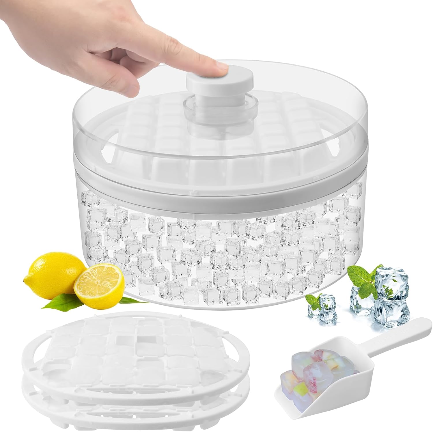 Mini bandejas para cubitos de hielo con tapa y contenedor, 64 piezas para congelador, molde para cubitos de hielo, moldes de hielo para cuchara de