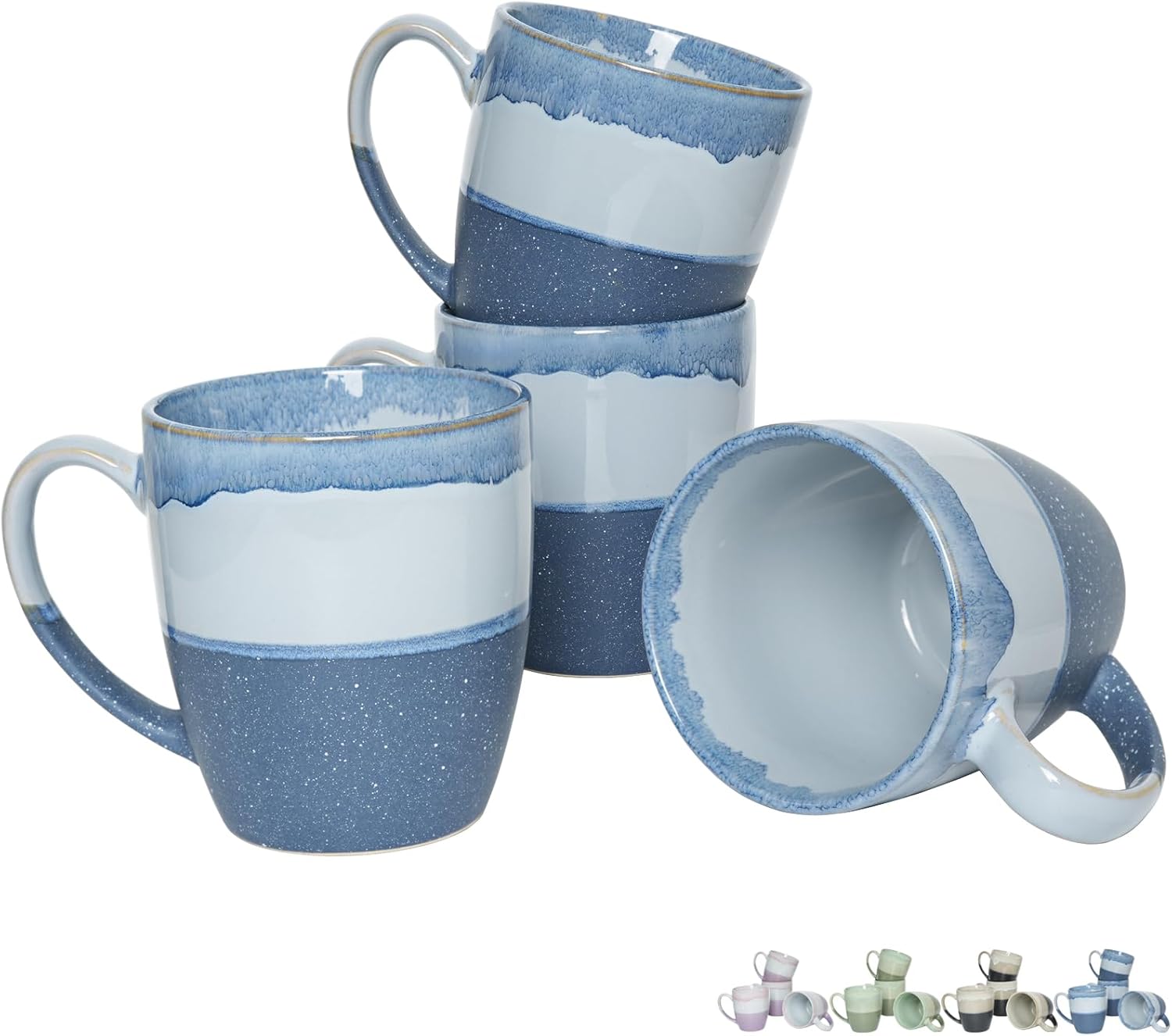 Bosmarlin Juego de 4 tazas de café de cerámica, 17 onzas, tazas de café azules con mango grande, aptas para microondas, esmalte reactivo único