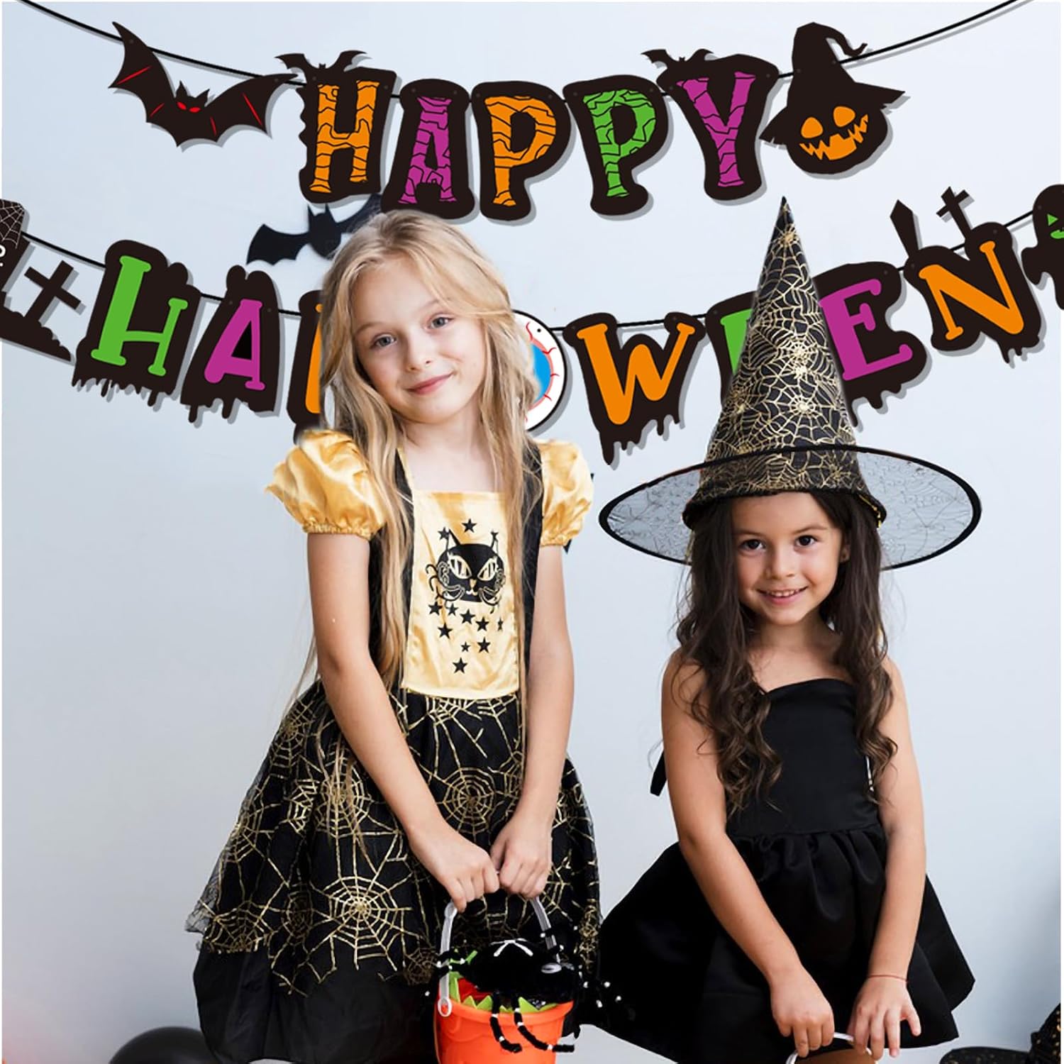 Cartel de Feliz Halloween para fiesta de cumpleaños, decoración de fiesta temática con murciélago y calabaza, casas embrujadas, puerta, hogar,