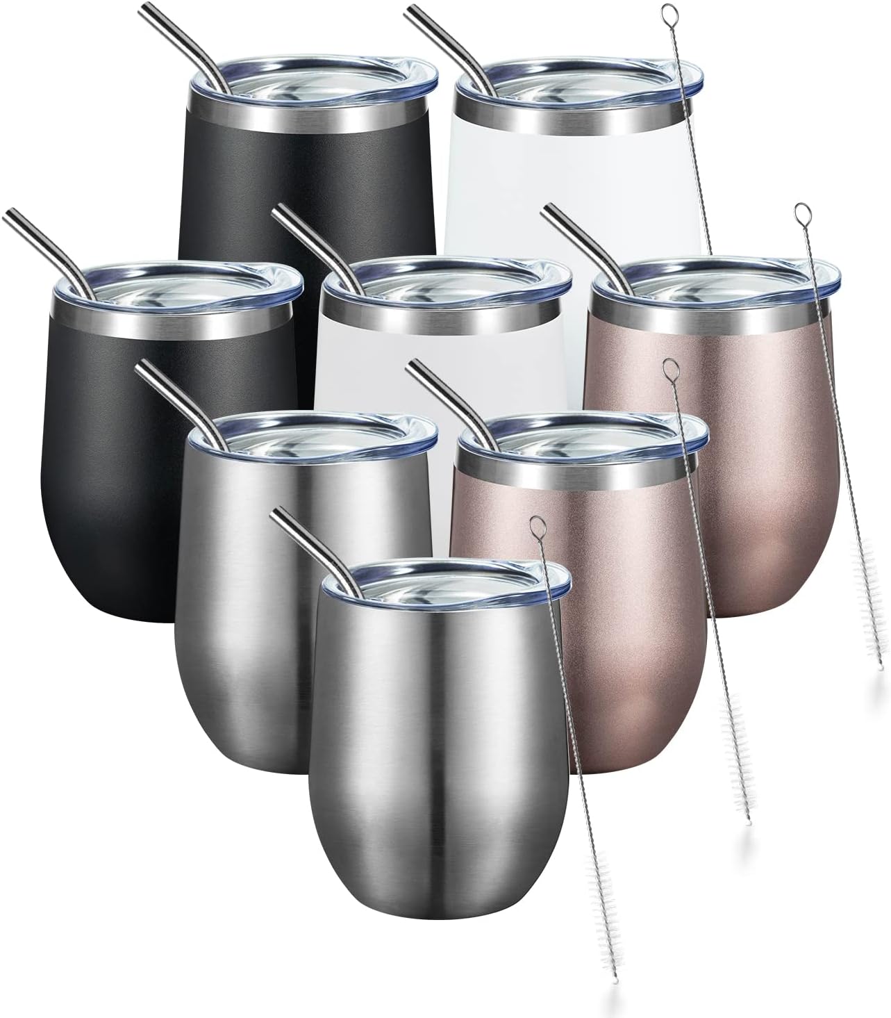COMOOO Vaso de vino de acero inoxidable con tapa y pajita, vaso de viaje de doble pared aislado al vacío de 12 onzas para café, vino, cócteles,