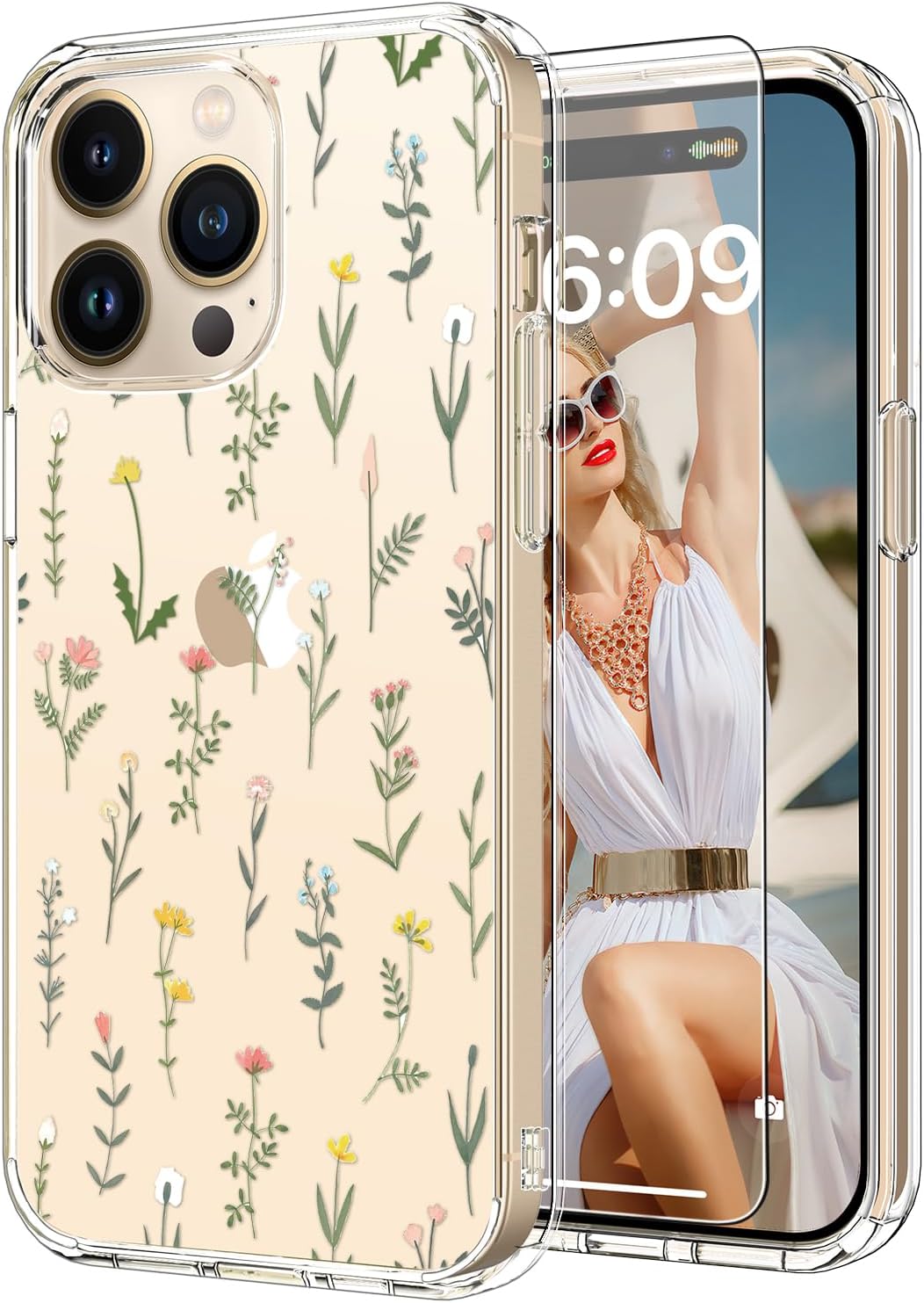 ICEDIO Funda para iPhone 15 Pro con protector de pantalla, transparente y con patrones modernos de moda, diseñada para niñas y mujeres, funda