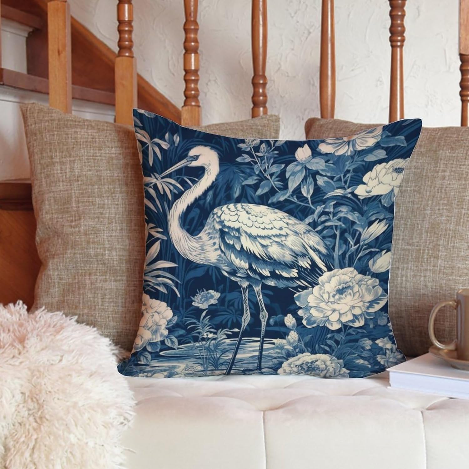 ArogGeld Chinoiserie – Funda de almohada decorativa con diseño de pájaro y pájaro azul con flores y pájaros asiáticos, fundas de cojín decorativas