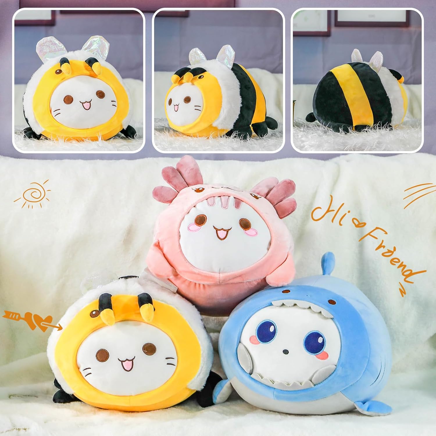 yayyayer Lindo juguete de peluche de abeja de gato, suave de 12 pulgadas, almohada de animales de peluche de abeja kawaii gato de peluche para