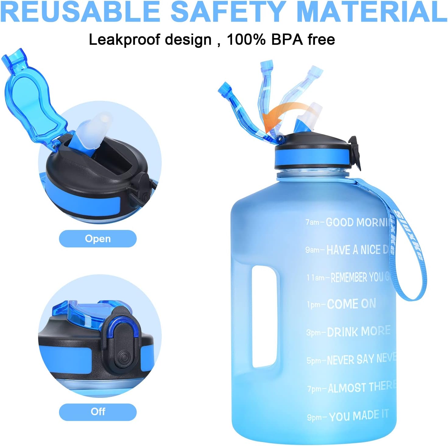 Botella de agua de 1 galón con marcador de tiempo y popote, sin BPA, 128 onzas, a prueba de fugas, jarra de agua grande motivacional con asa, jarra