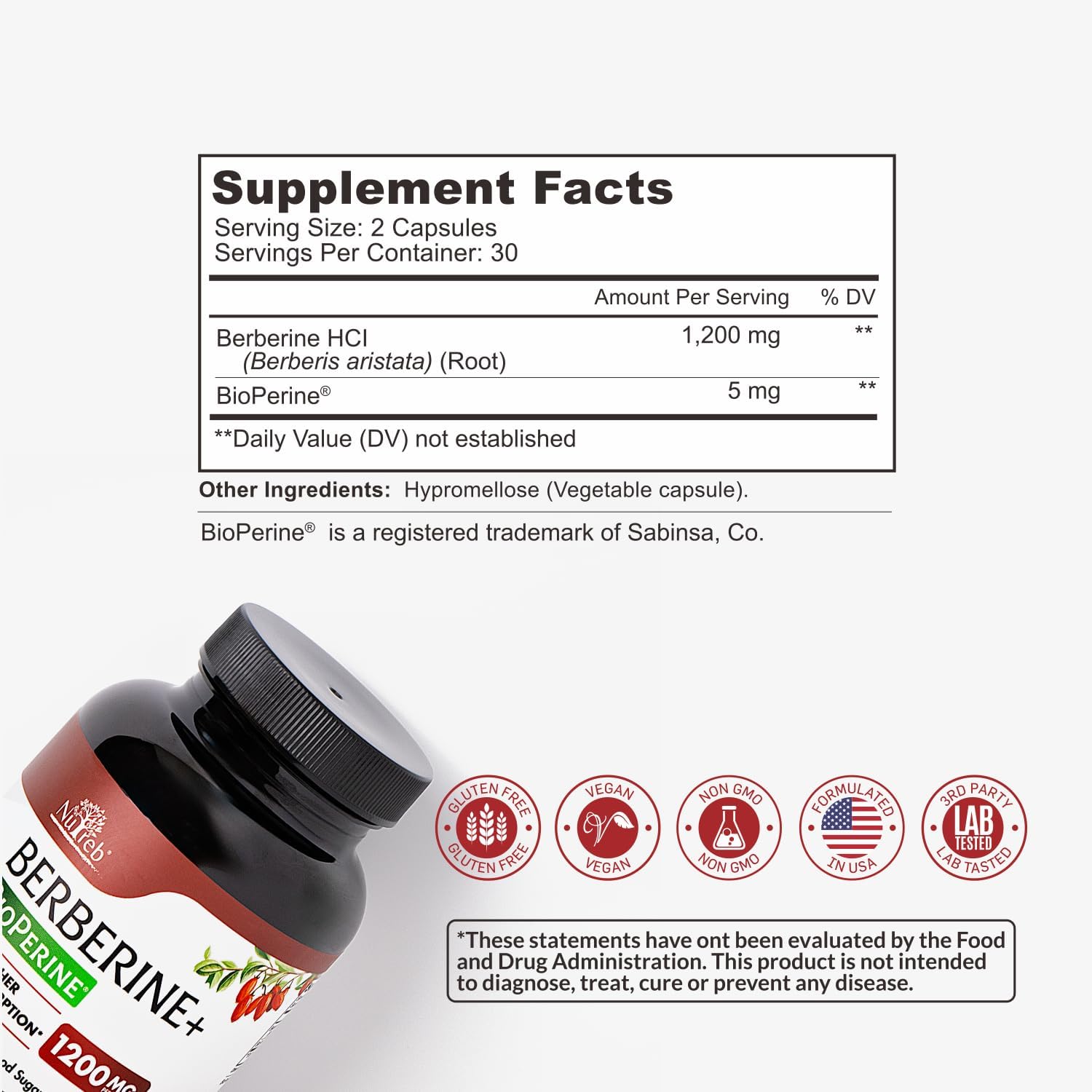 Suplemento de berberina de 1200 mg  5 veces mayor absorción  Ultra puro 98% Berberina HCL  Control de peso saludable, apoyo inmunológico  Sin OMG,