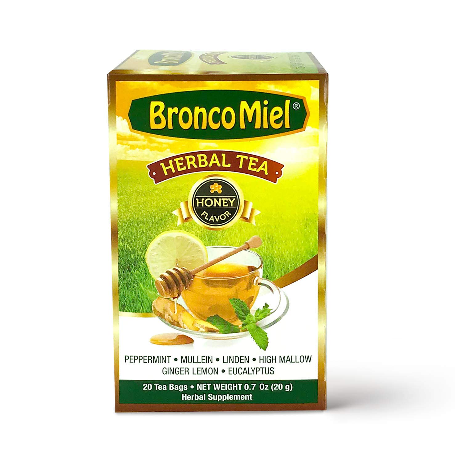 BRONCOMIEL Bolsas de té – Té de hierbas de miel para tos y dolor – Té de eucalipto, jengibre y limón – Sabor dulce a miel – Fácil de preparar –